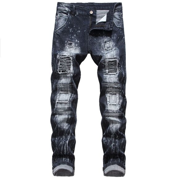 Men's Trousers Biker Ripped Stretch Stitching Patches Denim Jeans - Picture 1 of 2